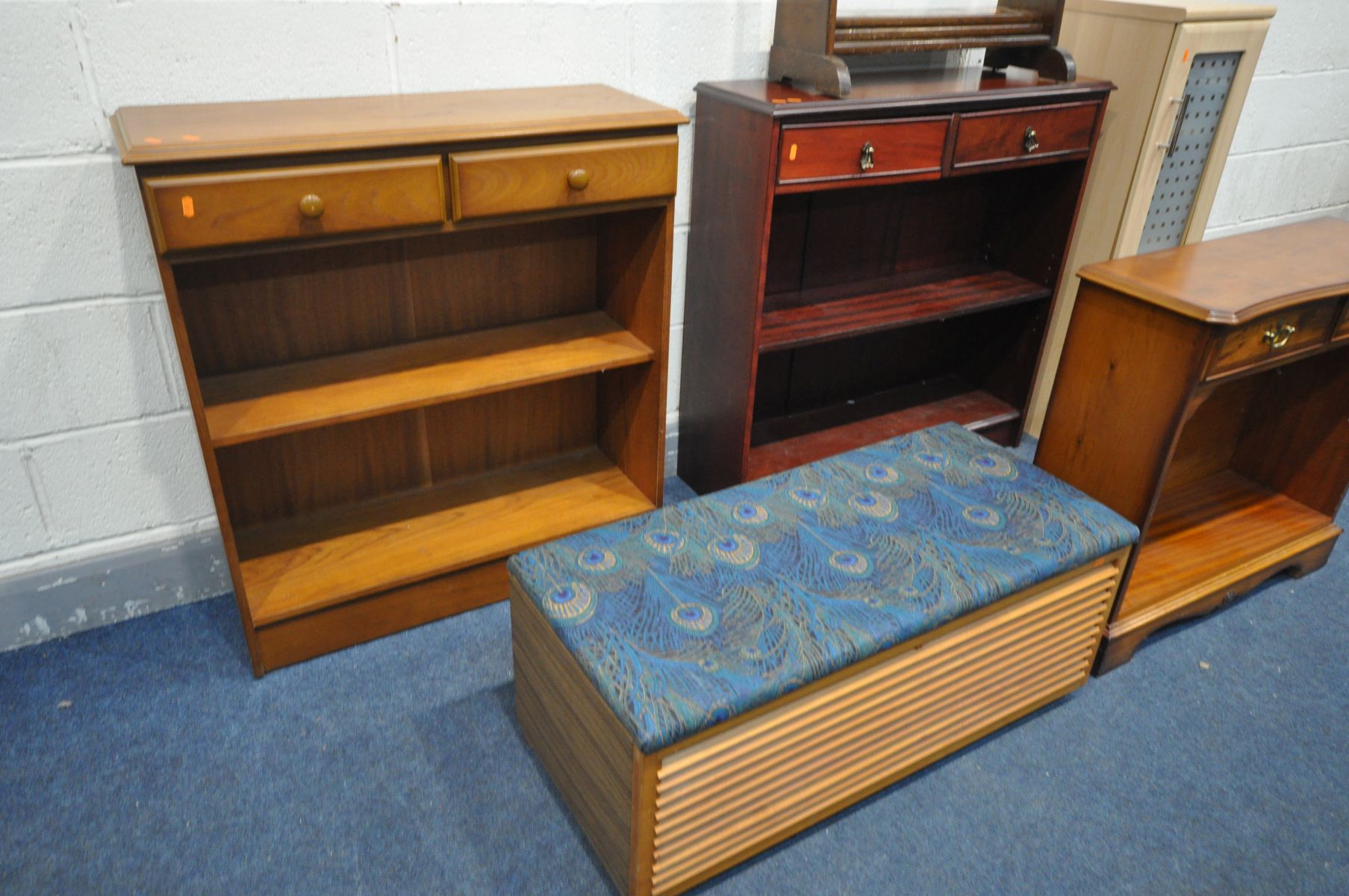 FOUR VARIOUS OPEN BOOKCASES, three bookcases with drawers, an open bookcase with two shelves ( - Image 3 of 3