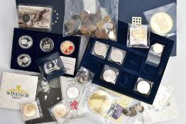 A SHOE BOX OF COINS, to include a Jersey 2014 'least we forget' poppy coin, a Gibraltar 2005