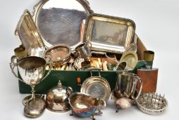 A BOX OF ASSORTED SILVER-PLATE AND WHITE METAL WARE, to include a large circular tray with wavy rim,