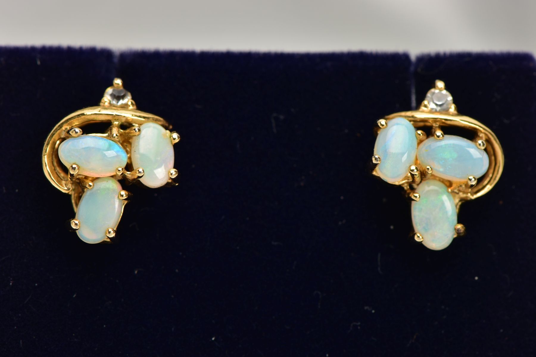 TWO PAIRS OF OPAL EARRINGS, the first of an oval design, set with an oval opal cabochon, within a - Image 2 of 3