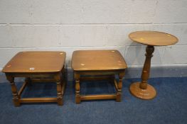 A PAIR OF ERCOL GOLDEN DAWN OCCASIONAL TABLES, along with a reproduction walnut circular topped