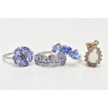 THREE 9CT GOLD TANZANITE RINGS AND ONE YELLOW METAL PENDANT, three stone triangular cut tanzanite