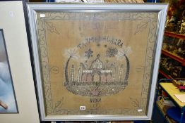 A NEEDLEWORK PICTURE DEPICTING THE TAJ MAHA,L AGRA, INDIA, framed size 60cm x 60cm (condition: dirty