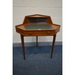 A MID CENTURY TEAK CORNER DESK, marked Golden Key with double glazed door to the back, with a single