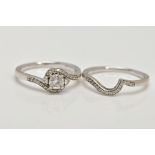 A 9CT WHITE GOLD DIAMOND RING SET, to include a single stone crossover ring set with a central