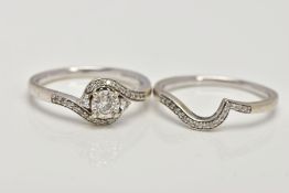 A 9CT WHITE GOLD DIAMOND RING SET, to include a single stone crossover ring set with a central