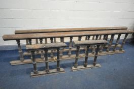 TWO 19TH CENTURY PINE SPINDLED ECLLESIASTICAL ALTER RAIL SECTIONS, longest rail length 303cm x