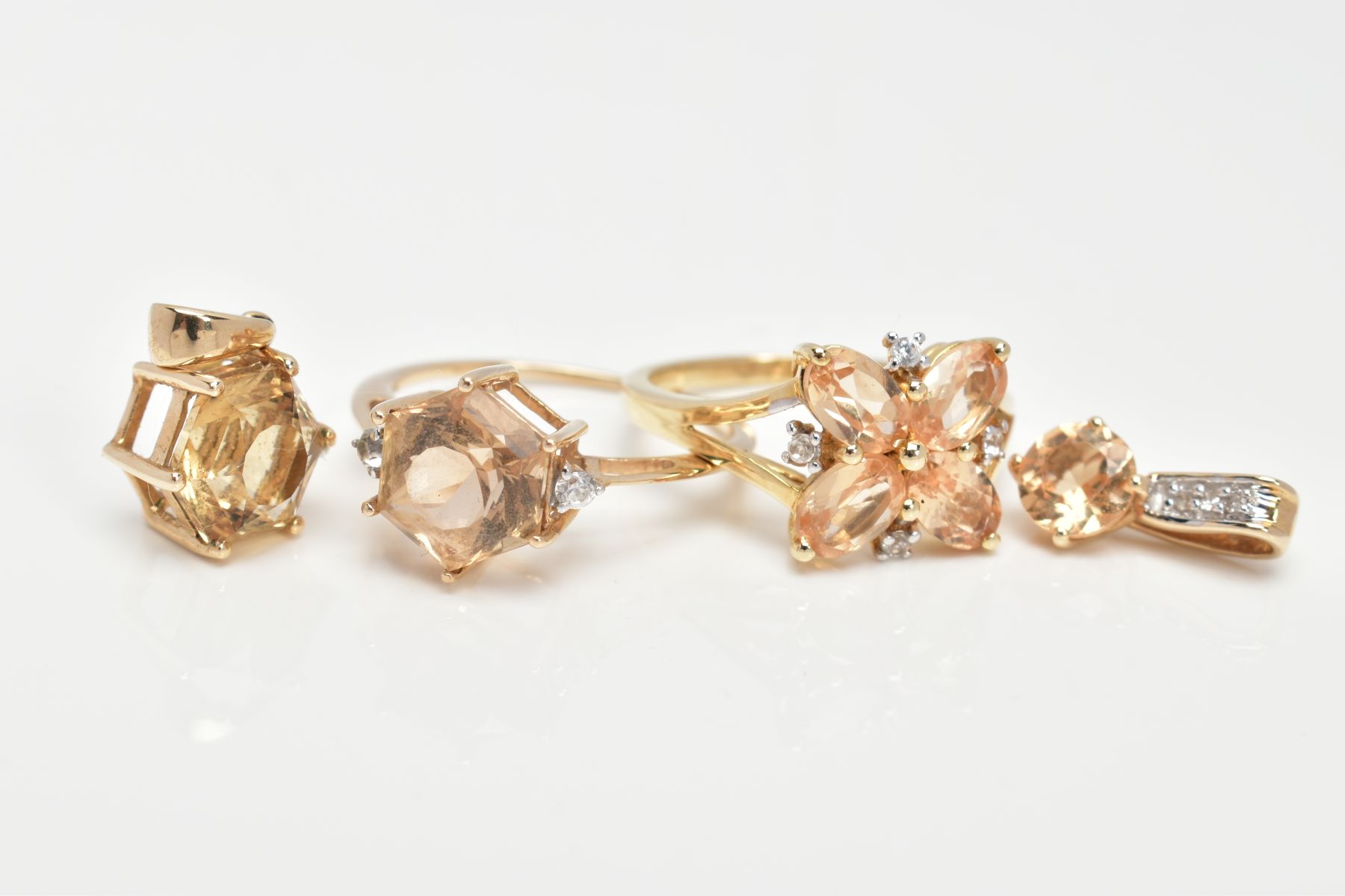 TWO 9CT GOLD CITRINE RINGS AND TWO PENDANTS, the first designed with a six claw set hexagonal cut - Image 2 of 3