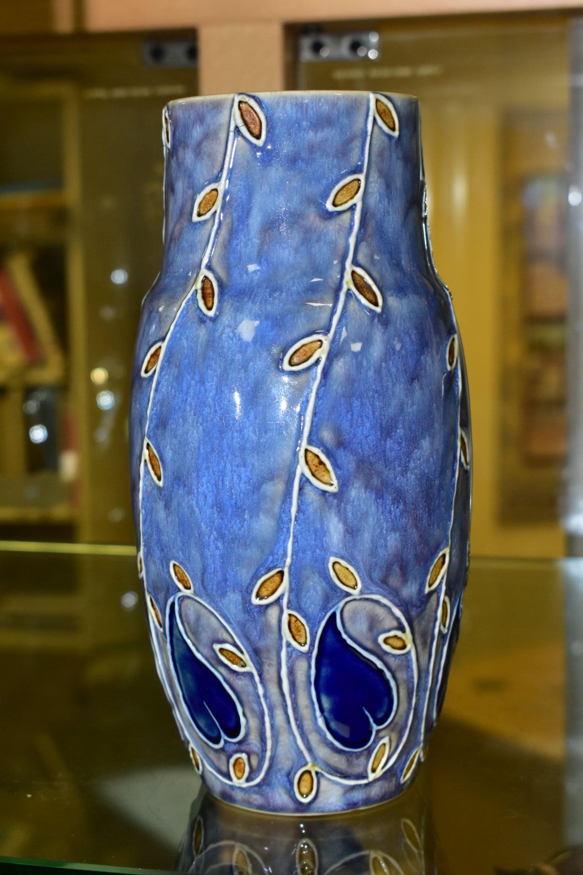 A ROYAL DOULTON STONEWARE VASE, to include foliage decoration on mottled lavender ground, - Image 2 of 5