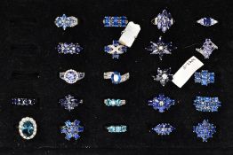 TWENTY SEVEN GEM SET RINGS AND A RING BOX, to include twenty seven white metal rings, of various