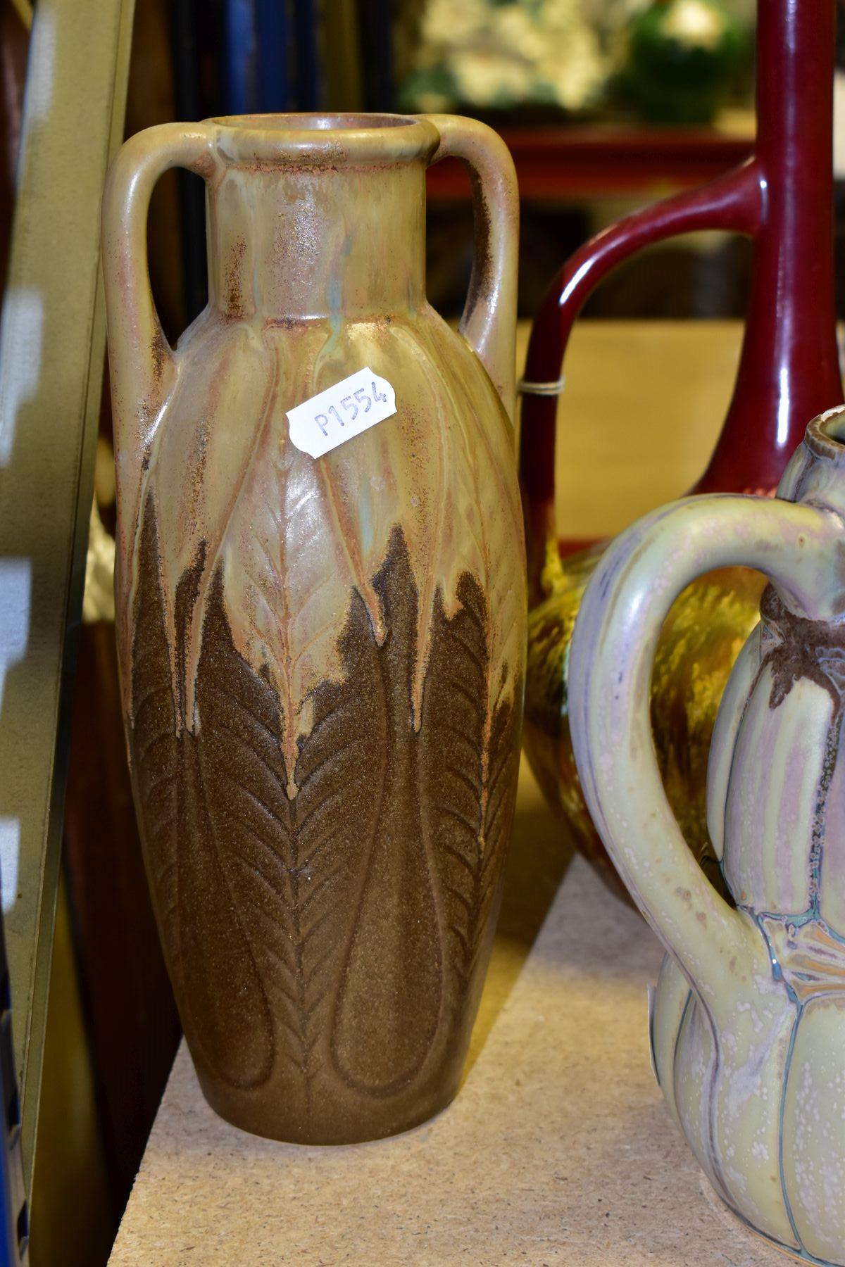 SIX CERAMIC VASES AND JUGS, comprising a pair of twin handle French Denbac vases with relief leaf - Image 3 of 9