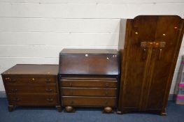 AN OAK CHEST OF THREE DRAWERS, an Art Deco oak bureau and a two door wardrobe (3)