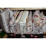 THREE BOXES OF CUSHIONS, BEDDING, CURTAINS AND BLANKETS, the three pairs of curtains in the original