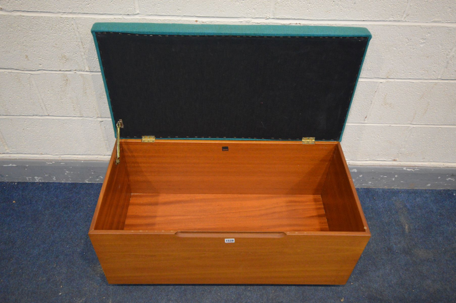 A MID CENTURY MEREDEW TEAK BLANKET BOX with turquoise upholstery, on casters, width 91cm x depth - Image 2 of 3