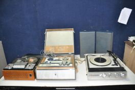 A VINTAGE MARCONIPHONE RECORD PLAYER with two lid speakers (working but slow), an Elizabethan Reel