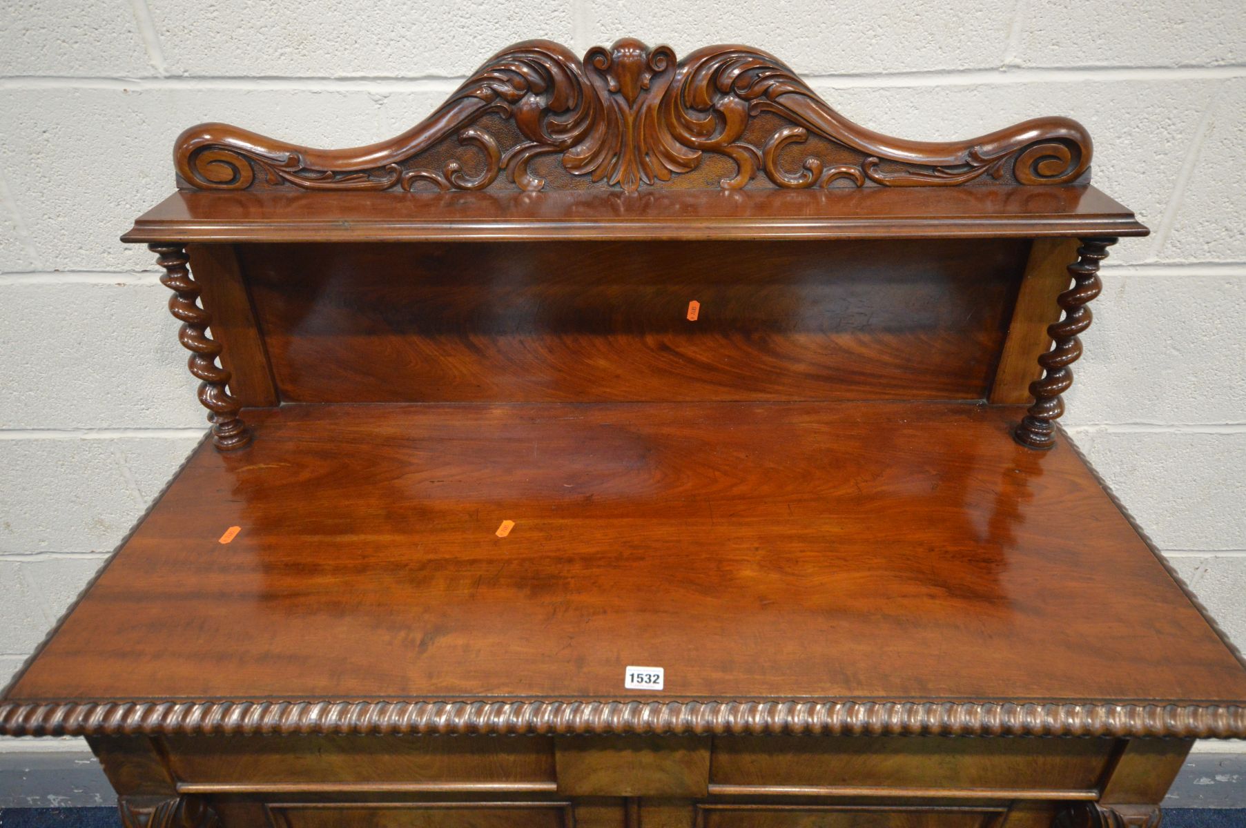 A VICTORIAN FLAME MAHOGANY CHIFFONIER, with a foliate carved raised back supported by barley twist - Image 3 of 4