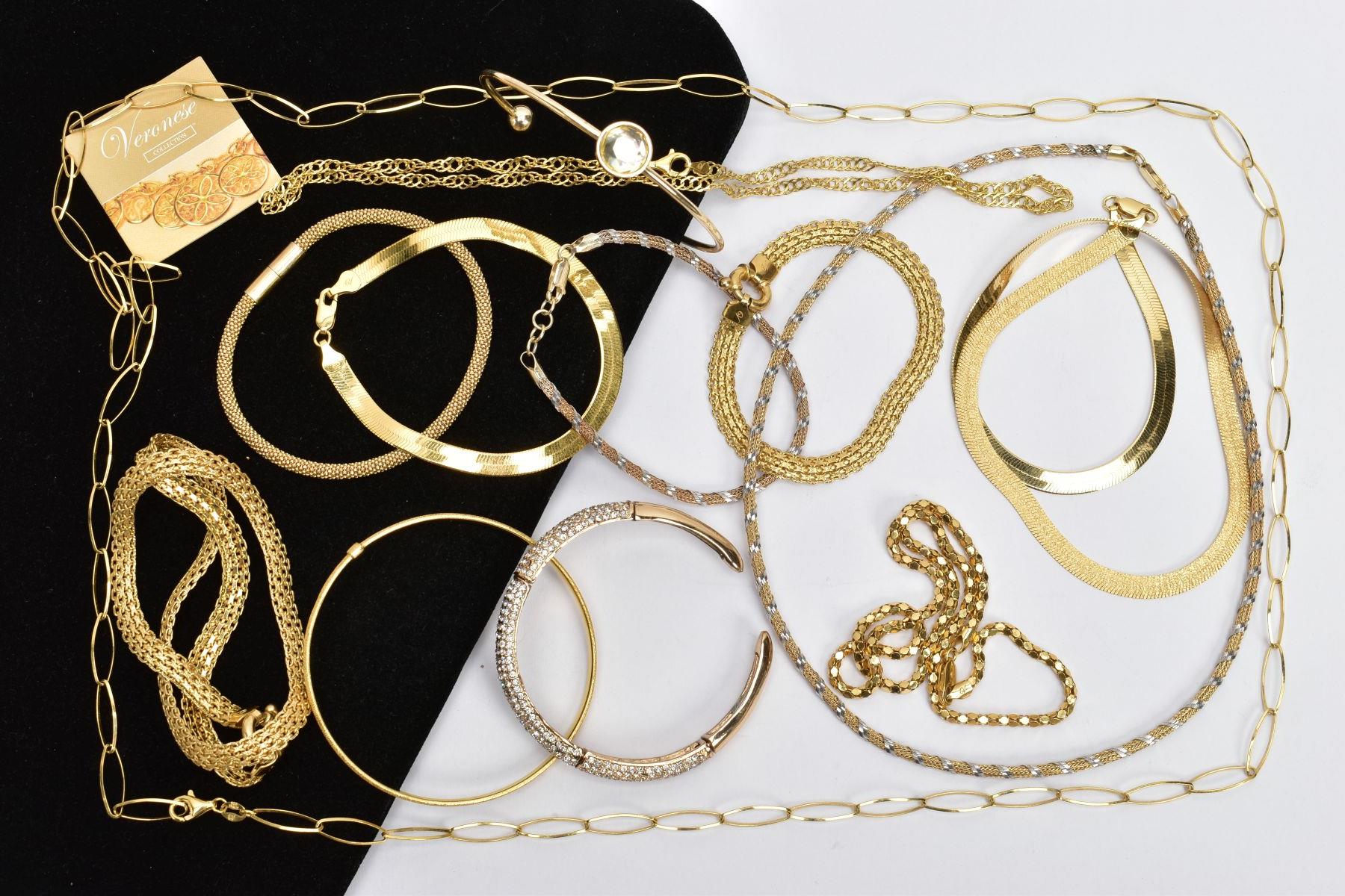 A BOX OF ASSORTED GOLD-PLATED JEWELLERY, to include a flat articulated necklace fitted with a - Image 2 of 6