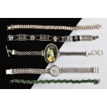 FOUR BRACELETS AND A LADIES WRISTWATCH, to include a white metal and black enamel line bracelet