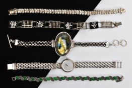 FOUR BRACELETS AND A LADIES WRISTWATCH, to include a white metal and black enamel line bracelet