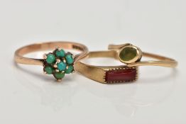 THREE 9CT GOLD RINGS, the first a turquoise cluster ring, set with seven small turquoise