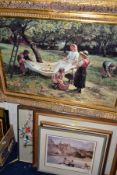ELEVEN PICTURES to include 'The Apple Gatherers' by Fred Morgan, gilt framed print, approximate size