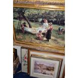 ELEVEN PICTURES to include 'The Apple Gatherers' by Fred Morgan, gilt framed print, approximate size