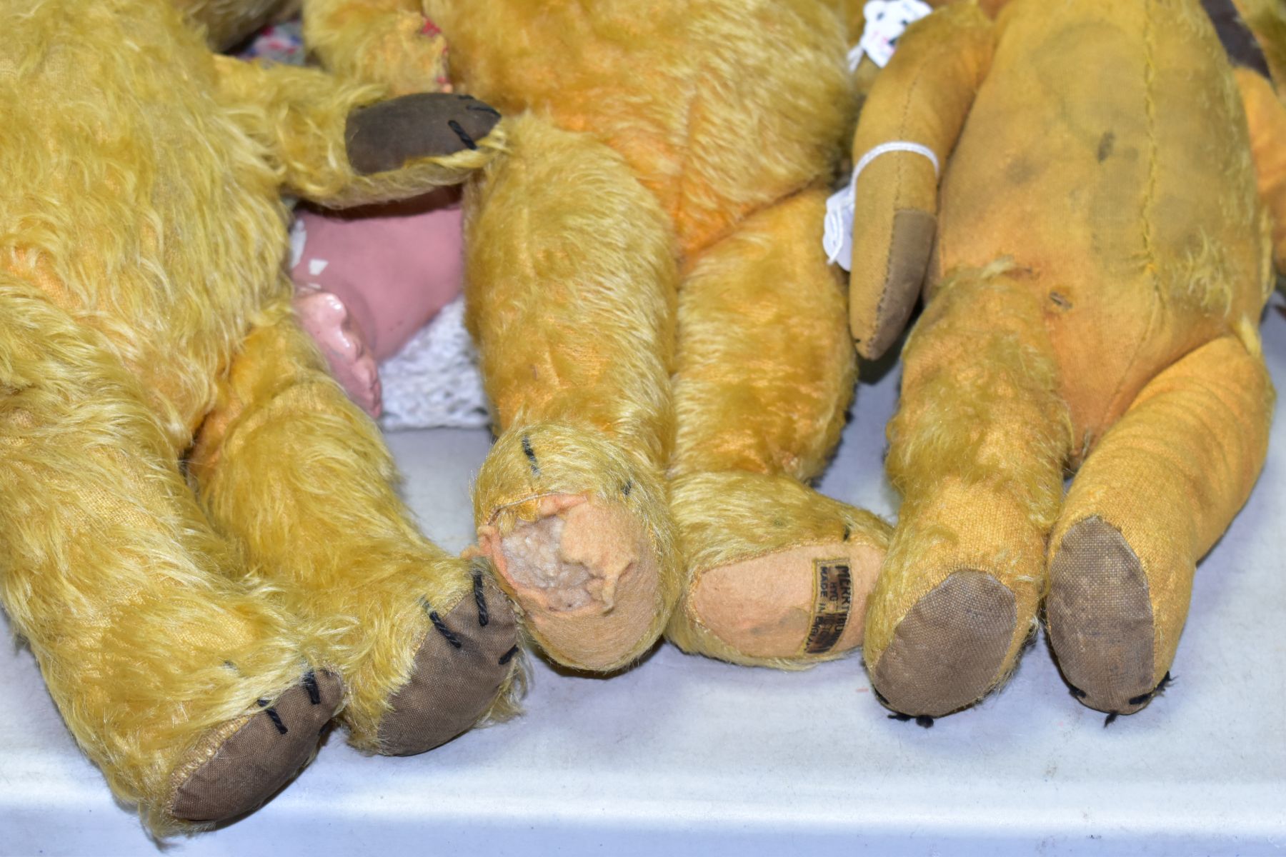 A WELL LOVED MERRYTHOUGHT GOLDEN PLUSH TEDDY BEAR, is missing both eyes, has shaved muzzle with - Image 3 of 7