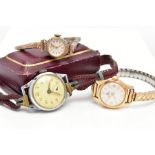 THREE WRISTWATCHES, the first an Avia watch with 9ct head, a circular white face and expandable gold