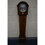AN EARLY 20TH CENTURY MAHOGANY CHIMING GRANDDAUGHTER CLOCK, silvered dial with Arabic numerals and
