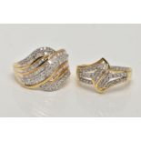 TWO 9CT GOLD DIAMOND RINGS, both of fancy interlocking designs, set with single cut and baguette cut