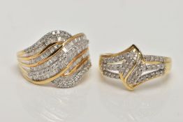 TWO 9CT GOLD DIAMOND RINGS, both of fancy interlocking designs, set with single cut and baguette cut