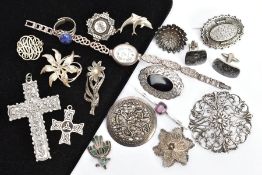 A BOX OF ASSORTED SILVER AND WHITE METAL ITEMS, to include a Charles Horner silver bar brooch set