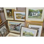 A GROUP OF FOURTEEN FRAMED AND GLAZED WATERCOLOURS, rural scenes, maritime scenes, town scenes, etc,