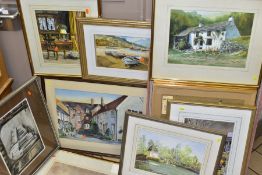 A GROUP OF FOURTEEN FRAMED AND GLAZED WATERCOLOURS, rural scenes, maritime scenes, town scenes, etc,