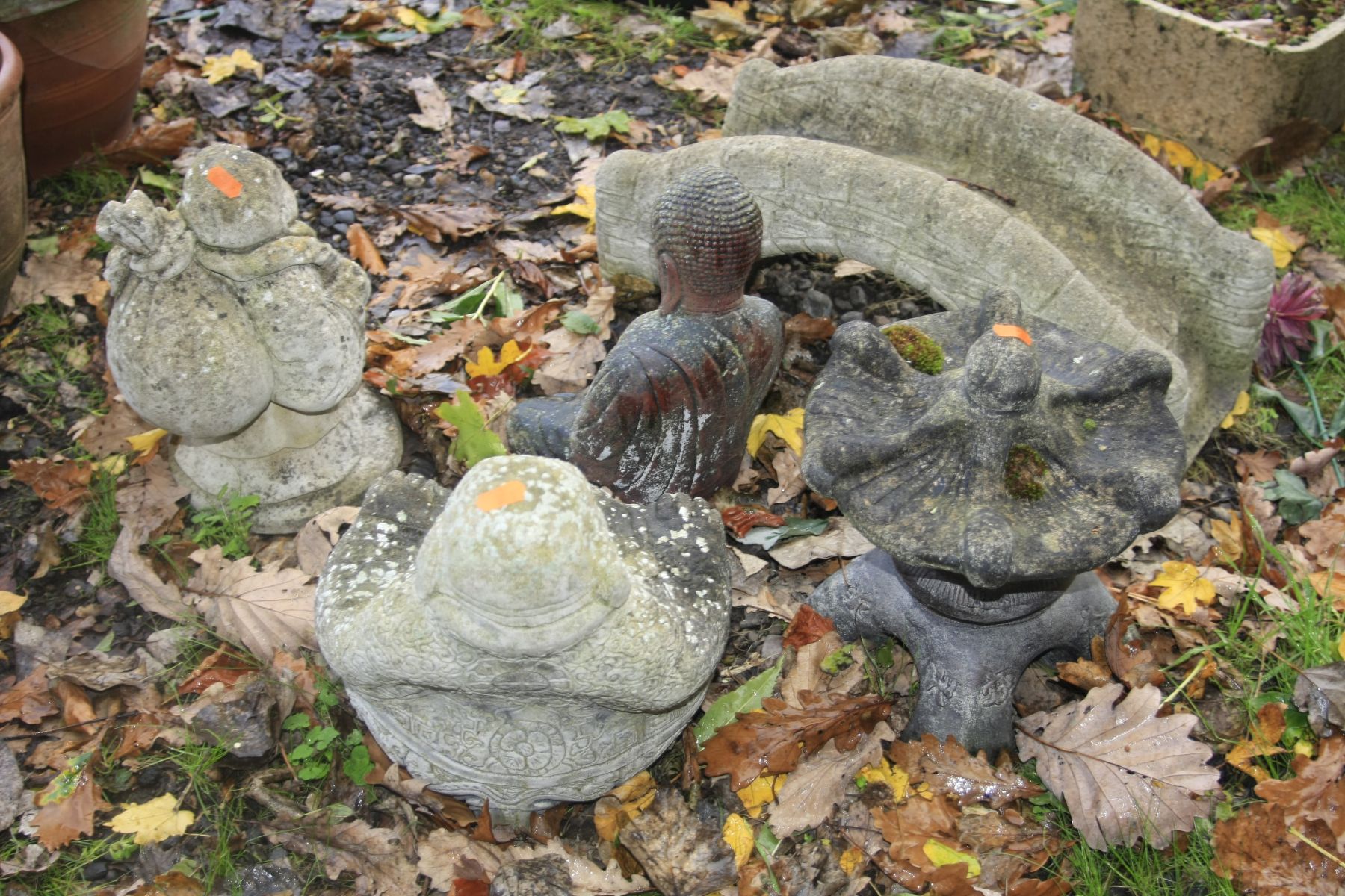 FIVE PIECES OF COMPOSITE EASTERN GARDEN ORNAMENTS comprising three buddhas, the largest height 30cm, - Image 3 of 3