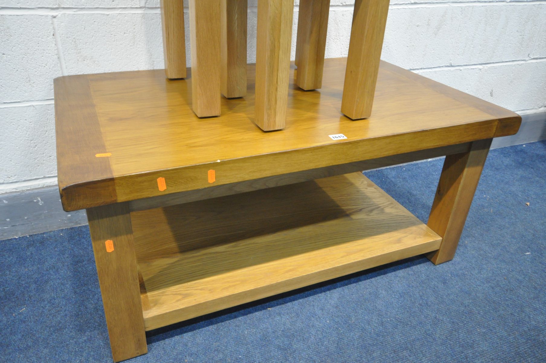 A SOLID GOLDEN OAK COFFEE TABLE with an undershelf, length 100cm x depth 60cm x height 45cm, along - Image 3 of 3