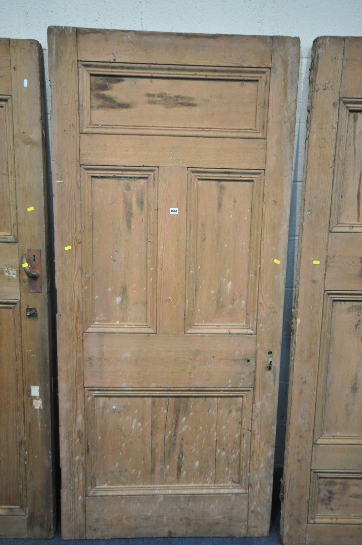 THREE VARIOUS VICTORIAN PINE PANELLED SCHOOLHOUSE DOORS, one with handle, two doors approximately, - Image 3 of 4