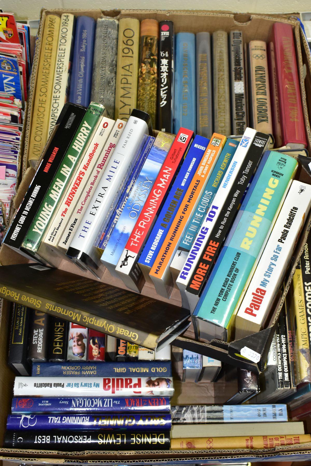 THREE BOXES OF BOOKS RELATING TO THE OLYMPIC GAMES AND OLYMPIC ATHLETES AND RUNNING, approximately