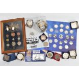 A SHOE BOX CONTAINING COINS AND AWARDS, to include a 20th century Uk framed coin display, 9x white
