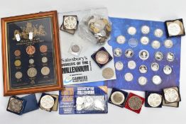 A SHOE BOX CONTAINING COINS AND AWARDS, to include a 20th century Uk framed coin display, 9x white