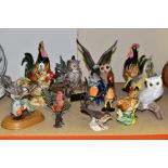 SIXTEEN BIRD ORNAMENTS, to include ceramic, resin and metal chickens, owls, eagle, kingfisher,