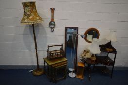 A COLLECTION OF OCCASIONAL FURNITURE, to include an oak nest of three tables, beech standard lamp,