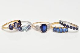 A 9CT GOLD AQUAMARINE RING AND FOUR OTHER 9CT GOLD GEM SET RINGS, three stone ring, comprising one