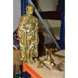 FOUR BRASS MODEL AIRCRAFT AND A FLATBACK BRASS FIGURE OF A ROMAN CENTURIAN, height 51cm two of the