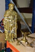 FOUR BRASS MODEL AIRCRAFT AND A FLATBACK BRASS FIGURE OF A ROMAN CENTURIAN, height 51cm two of the