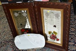 A PAIR OF EARLY 20TH CENTURY RECTANGULAR OAK FRAMED GYPSY MIRRORS AND A 1940'S OVAL FRAMELESS OVER