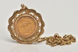 A MOUNTED HALF SOVEREIGN PENDANT AND CHAIN, sovereign depicting King Edward VII, George and the