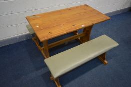 A PITCH PINE REFECTORY TABLE. width 113cm x depth 60cm x height 76cm with two faux leather