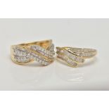 TWO 9CT GOLD DIAMOND RINGS, the first designed as a part double cross over band channel set with