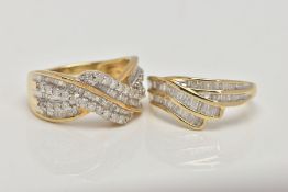 TWO 9CT GOLD DIAMOND RINGS, the first designed as a part double cross over band channel set with